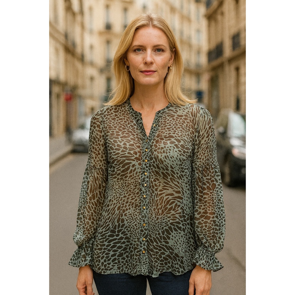Hoss Intropia Top Womens‎ 38 Medium Teal Green Animal Print Semi Sheer Ruffles